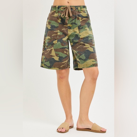 RISEN Camo Print Slouchy Jorts with Eyelet Drawstring